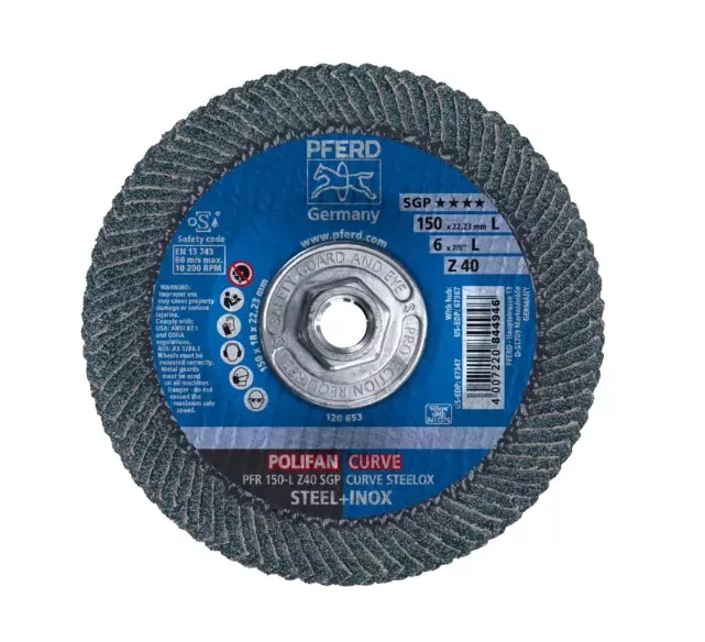  POLIFAN FLAP DISCS SPECIAL LINE SGP Z SGP CURVE STEELOX RADIAL TYPE PFR (CURVE) – THREADED Arbor hole PFERD 67367 6" x 5/8-11 POLIFAN Z SGP CURVE STEELOX     Flap Disc - Zirconia - 40 Grit - Large Radius